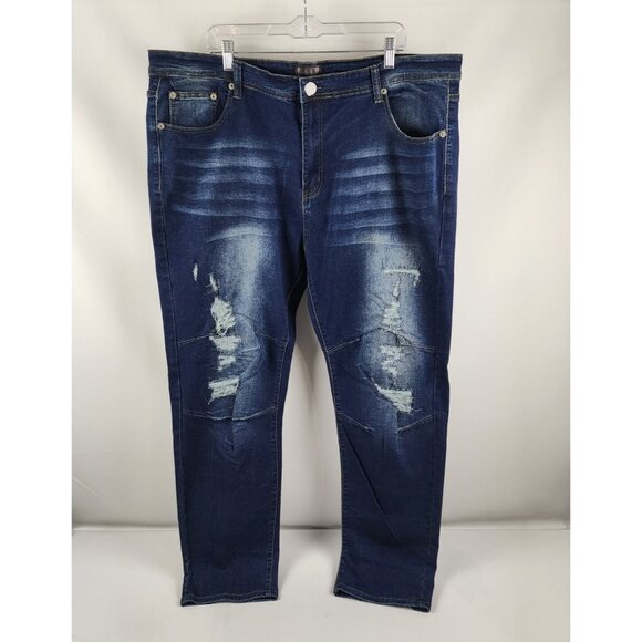 Bleeker & Mercer Jeans 44x32 Blue Distressed Double Knee Denim NWOT